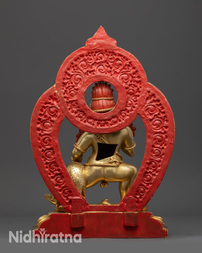 Back view Tibetan Black Dzambhala Buddha with elaborate halo and floral carvings