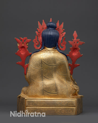 Back view Tibetan Buddhist king sculpture Trisong Detsen with detailed robe and lotus