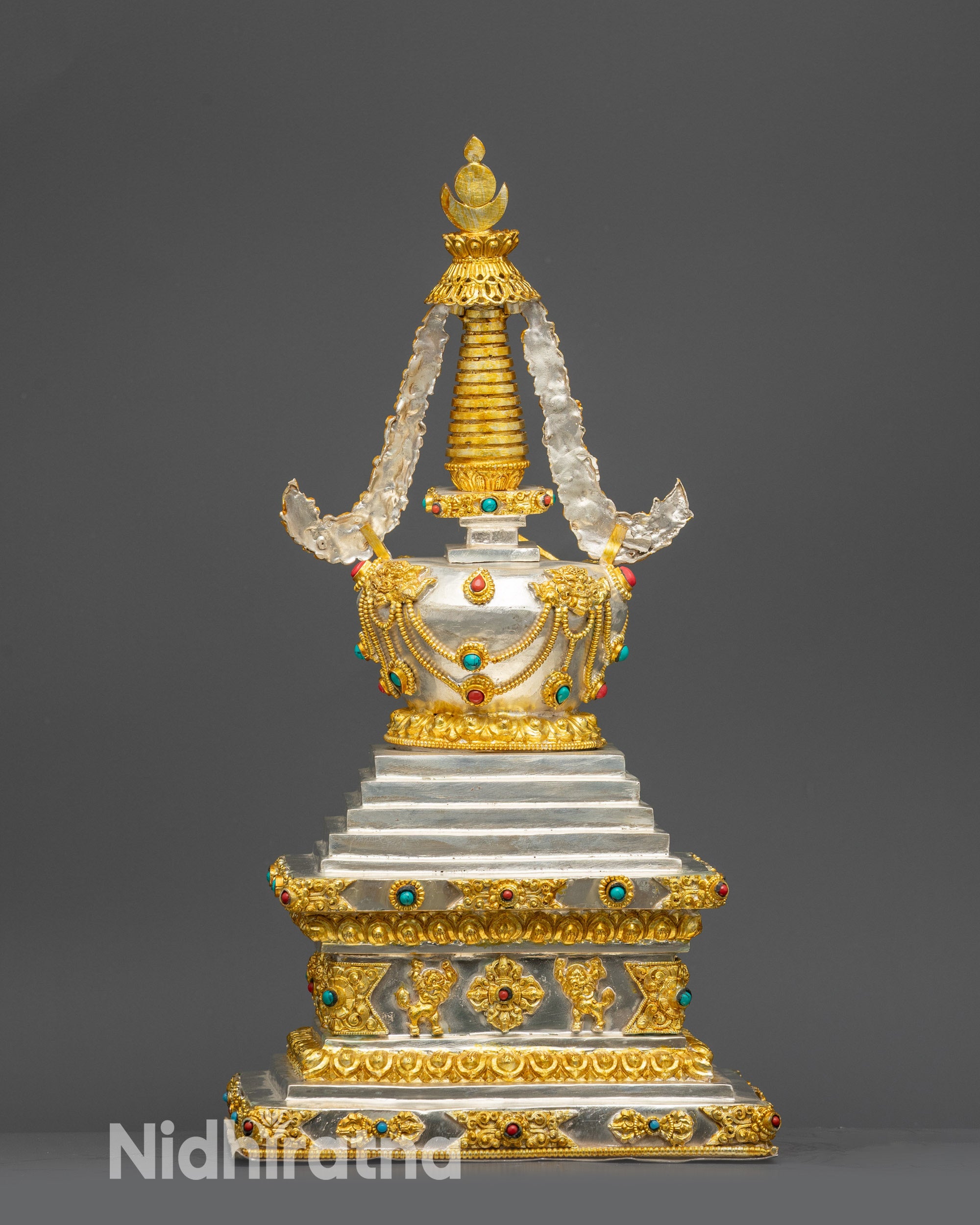 Back view Tibetan Stupa handcrafted copper monument with sacred patterns and stones