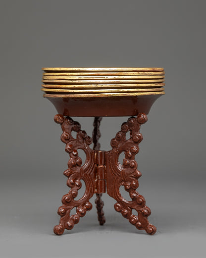 Back view Tibetan Torjang water offering bowls arranged on altar-ready copper set