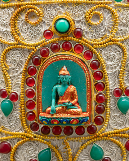 Back view Tibetan rice pot with Shakyamuni Buddha carving and crystal half vajra crown