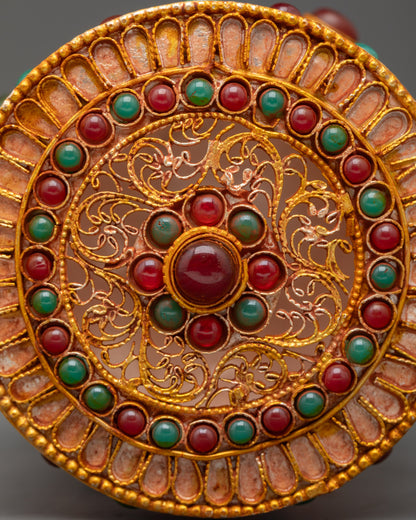 Back view Treasure Jewelry Box with ornate copper walls and gold filigree work