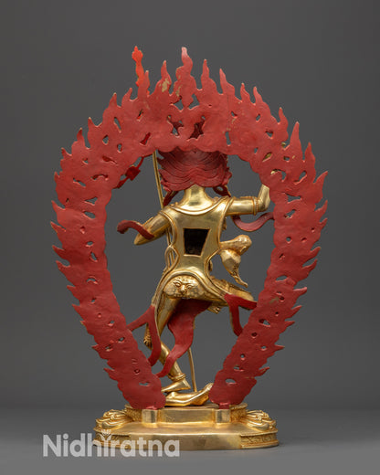 Back view Troma Nangmo sculpture with flame halo and intricately carved patterns