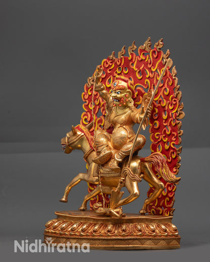 Back view Tsengo Rolpa Chudan Statue with blazing halo and miniature garuda carving visible