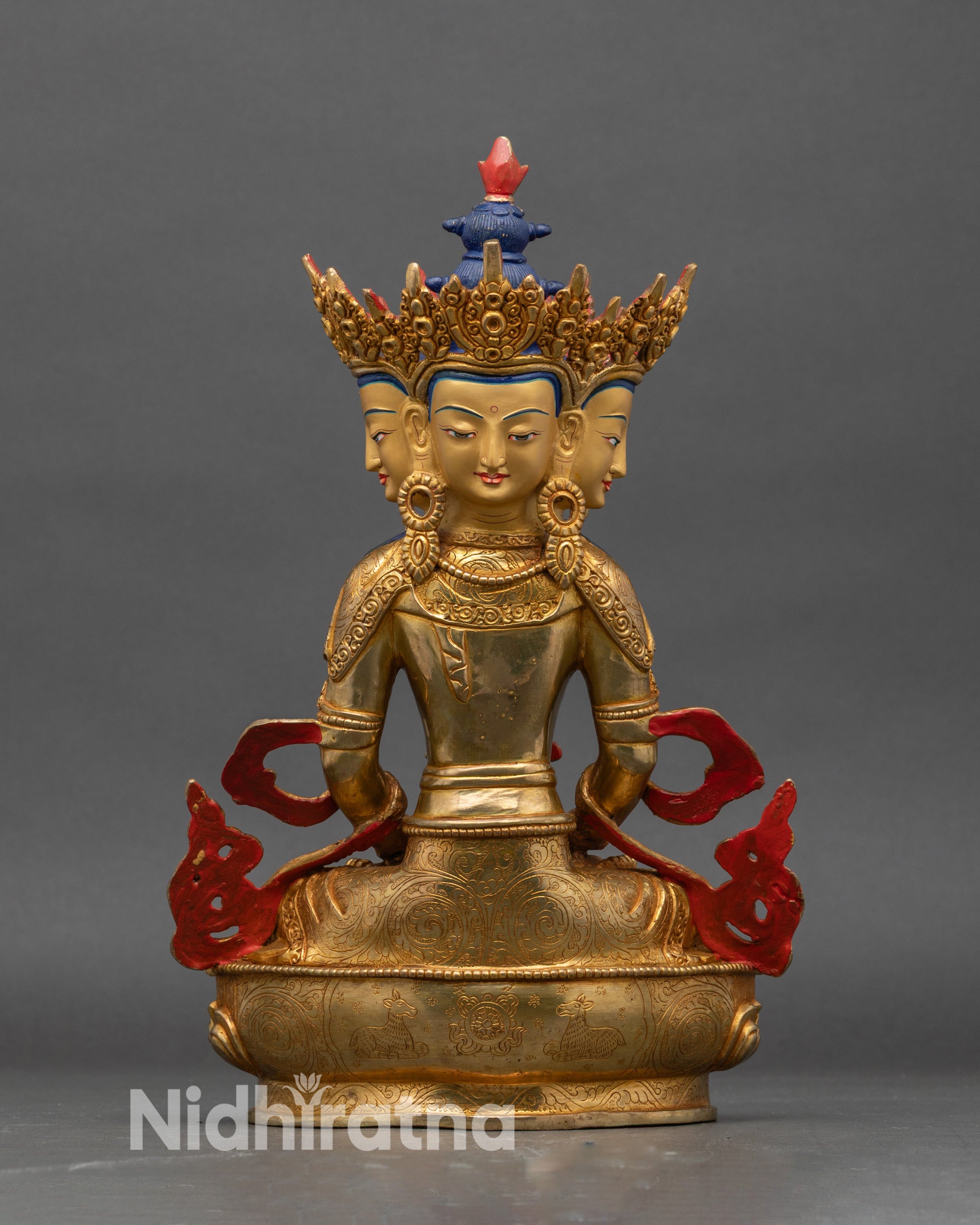 Back view Vairocana Buddha statue carved robes, handmade Nepalese Buddhist art