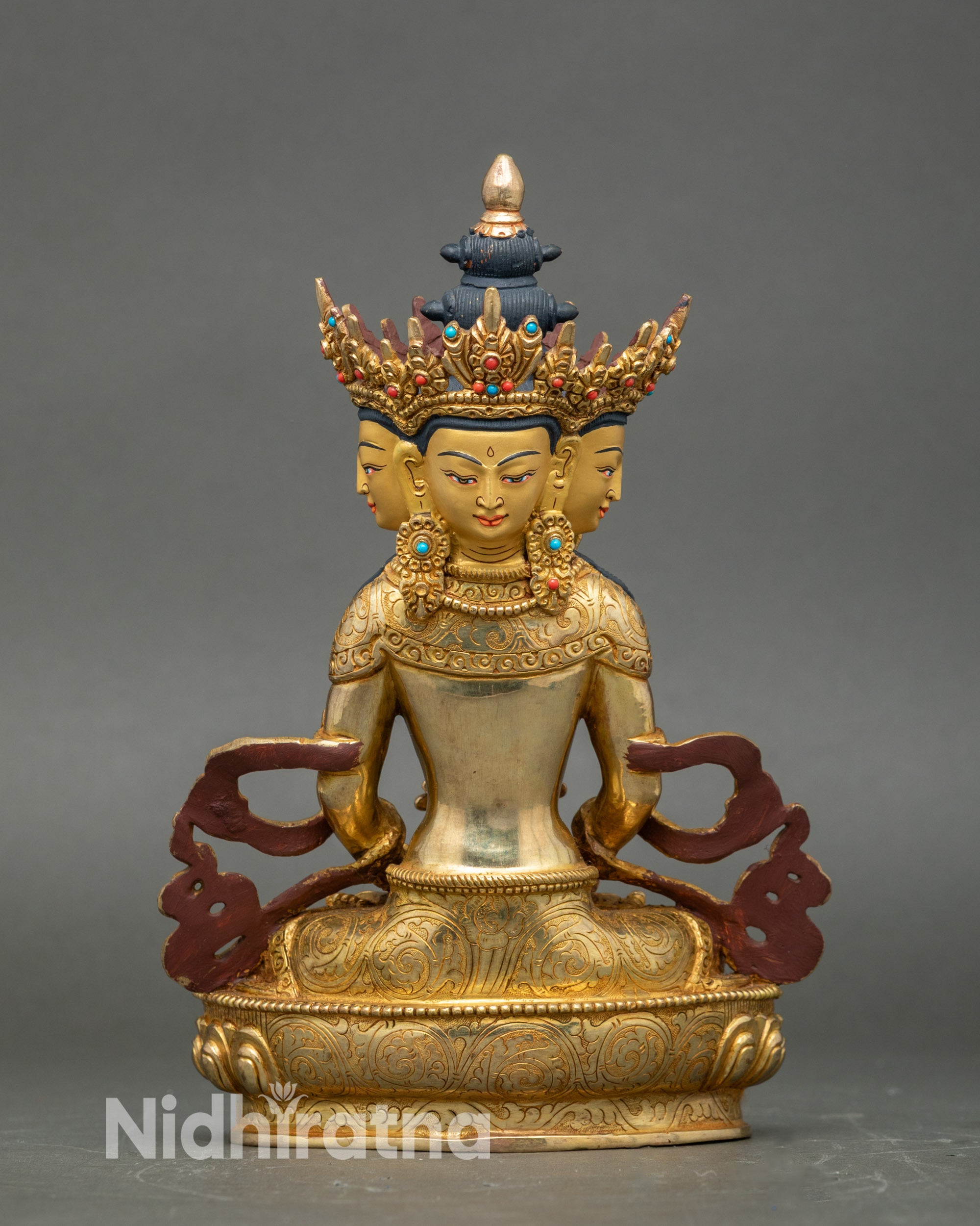 Back view Vairocana Buddha statue, gold detailing, lotus pedestal, handcrafted Nepalese art