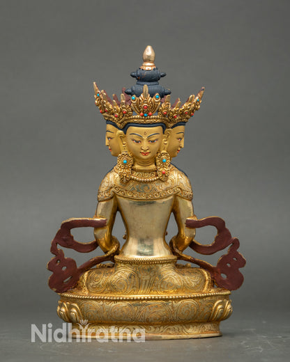 Back view Vairocana Buddha statue, gold detailing, lotus pedestal, handcrafted Nepalese art