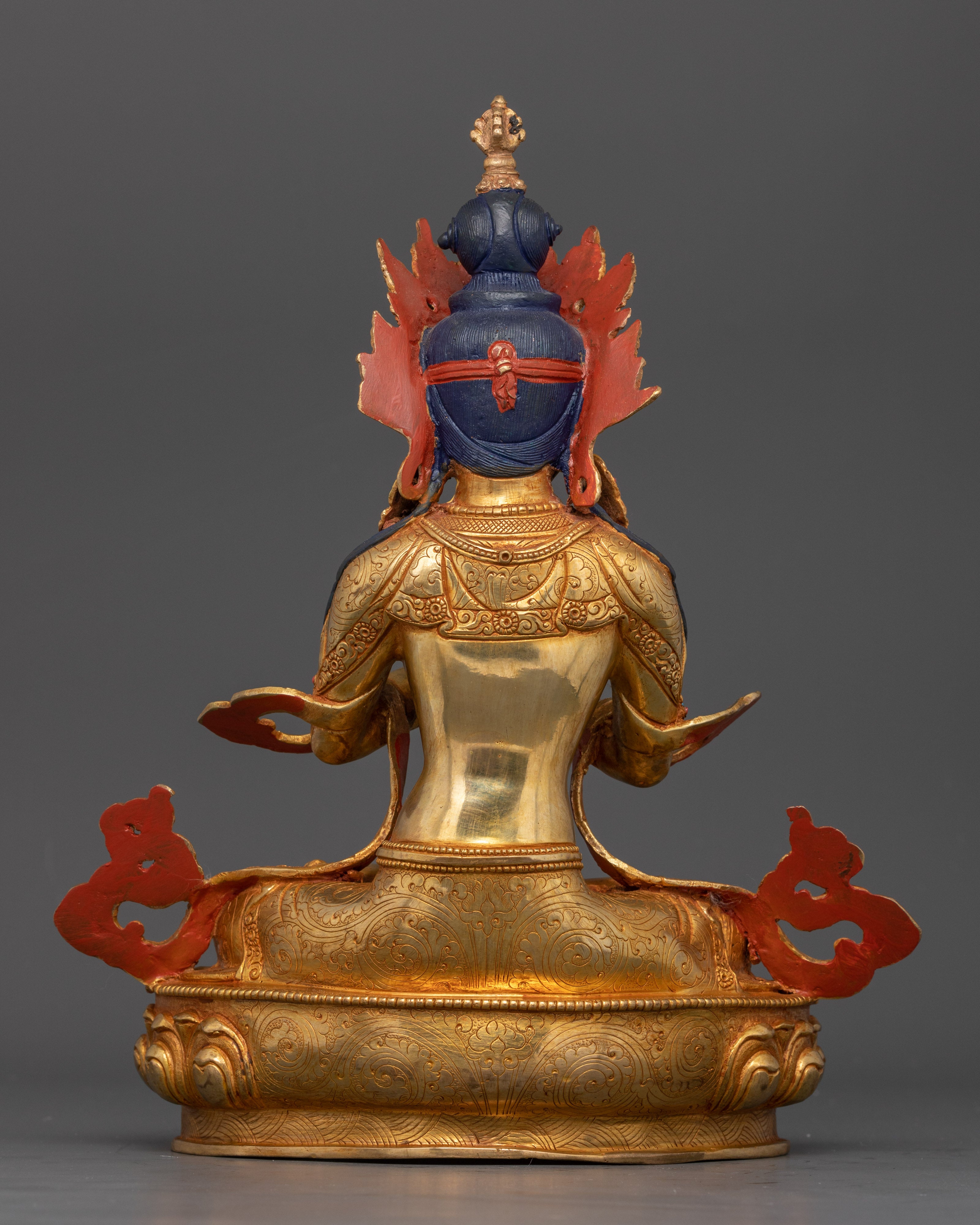 Back view Vajradhara copper statue intricate halo carving Himalayan craftsmanship