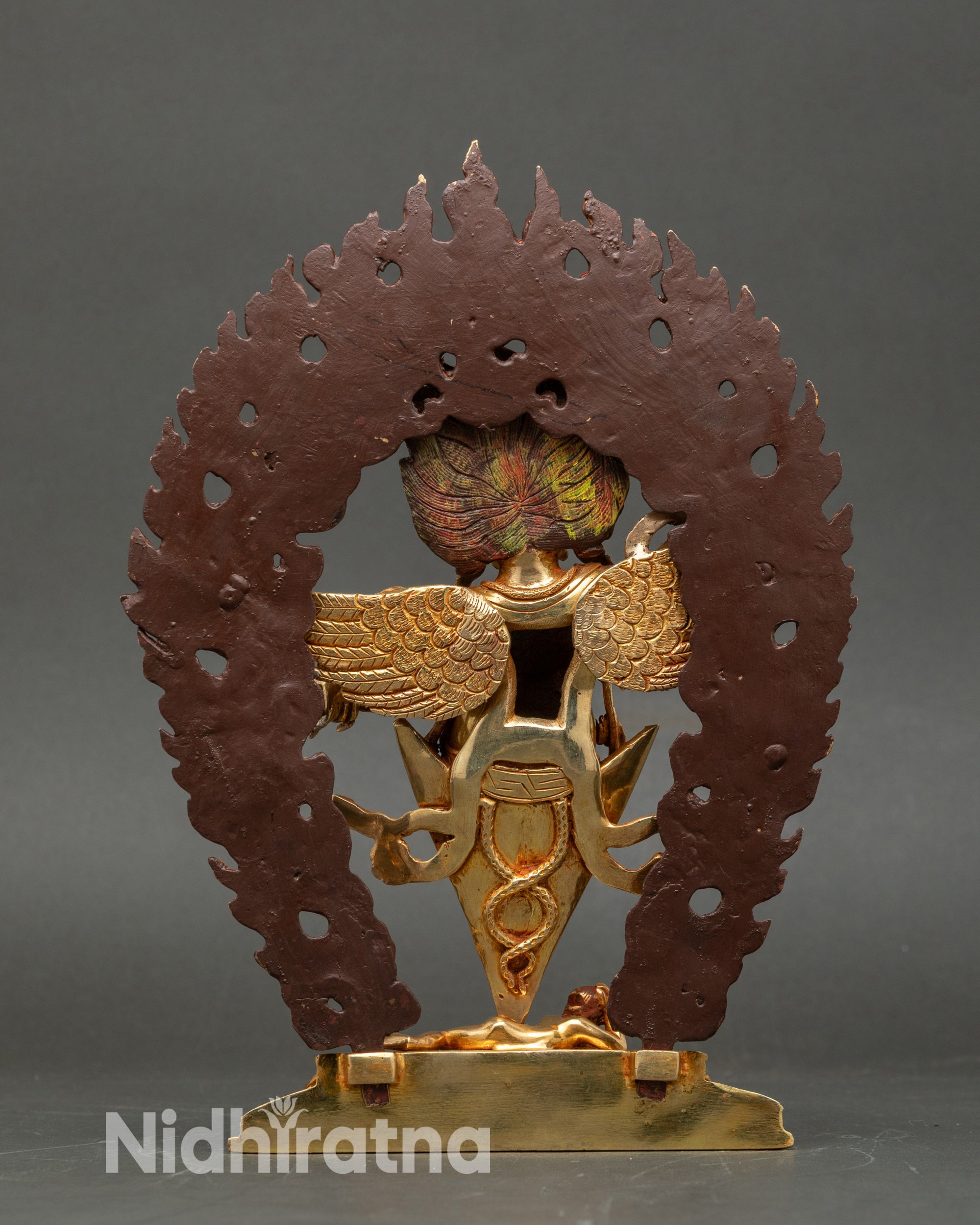 Back view Vajrakilaya statue, intricate gilding, wings and halo, copper acrylic finish, Nepal