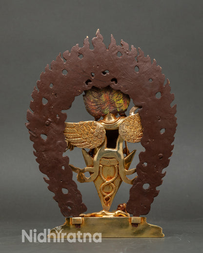 Back view Vajrakilaya statue, intricate gilding, wings and halo, copper acrylic finish, Nepal