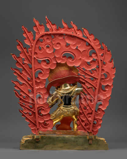 Back view Vajrapani statue highlighting intricate patterned garments and gilded details