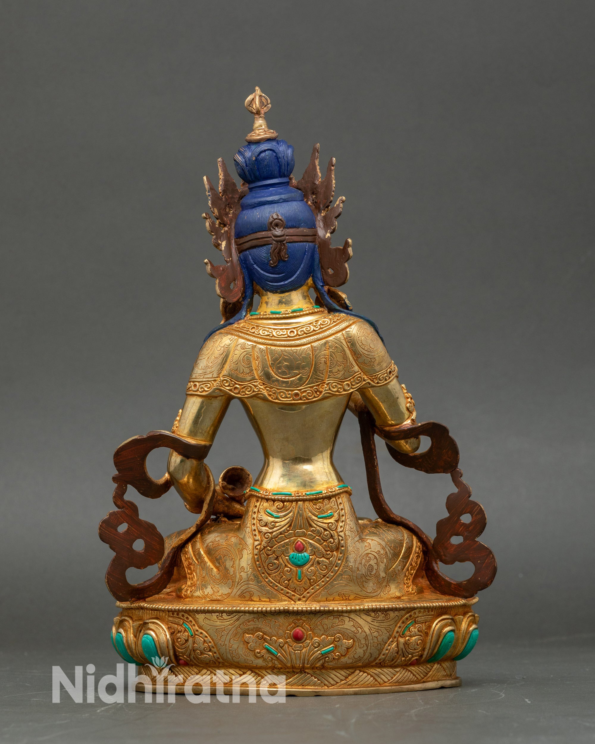 Back view Vajrasattva Buddhist statue, intricate gilding, turquoise and coral detail, Nepal