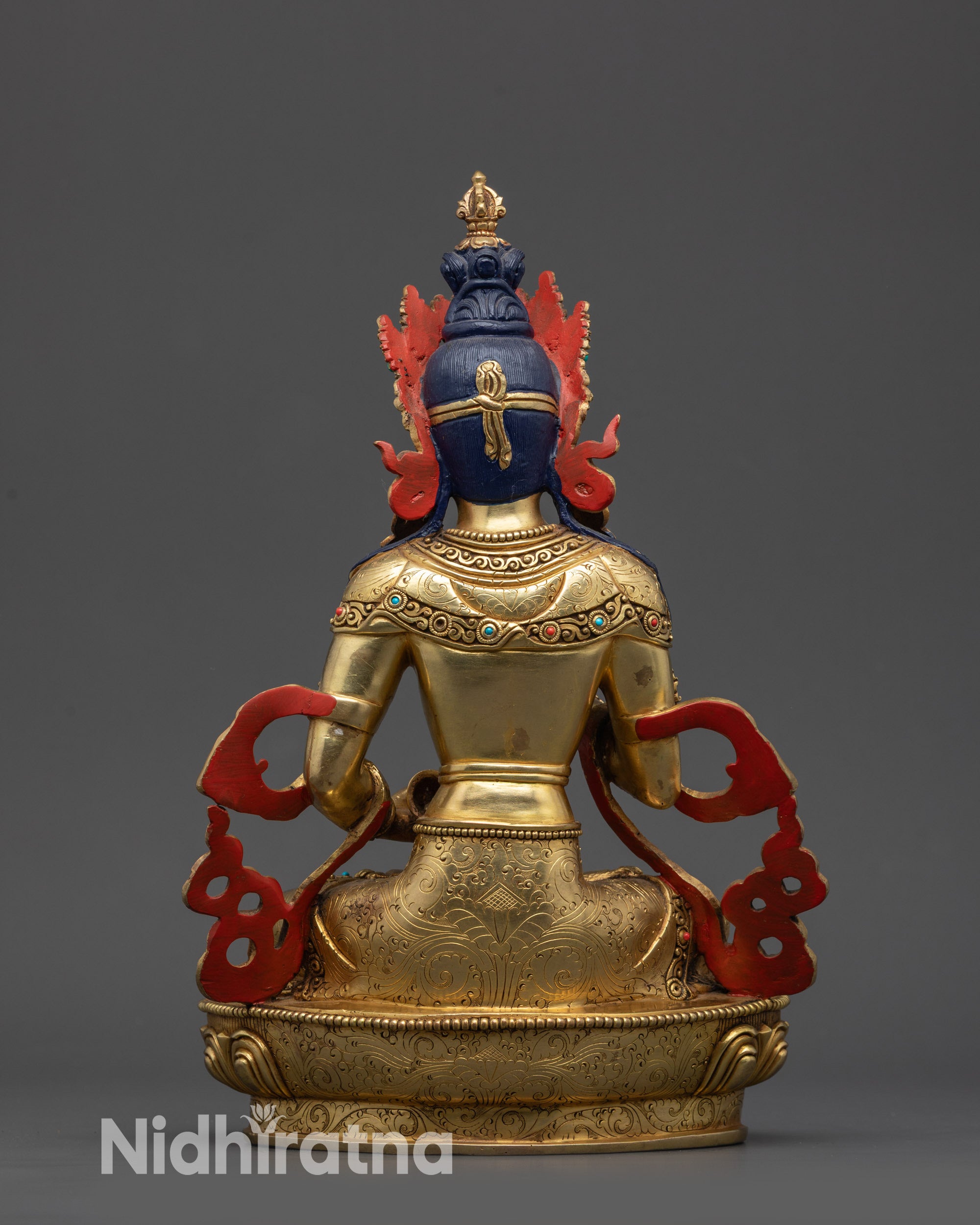 Back view Vajrasattva Statue intricate lotus seat carvings and detailed jewelry patterns