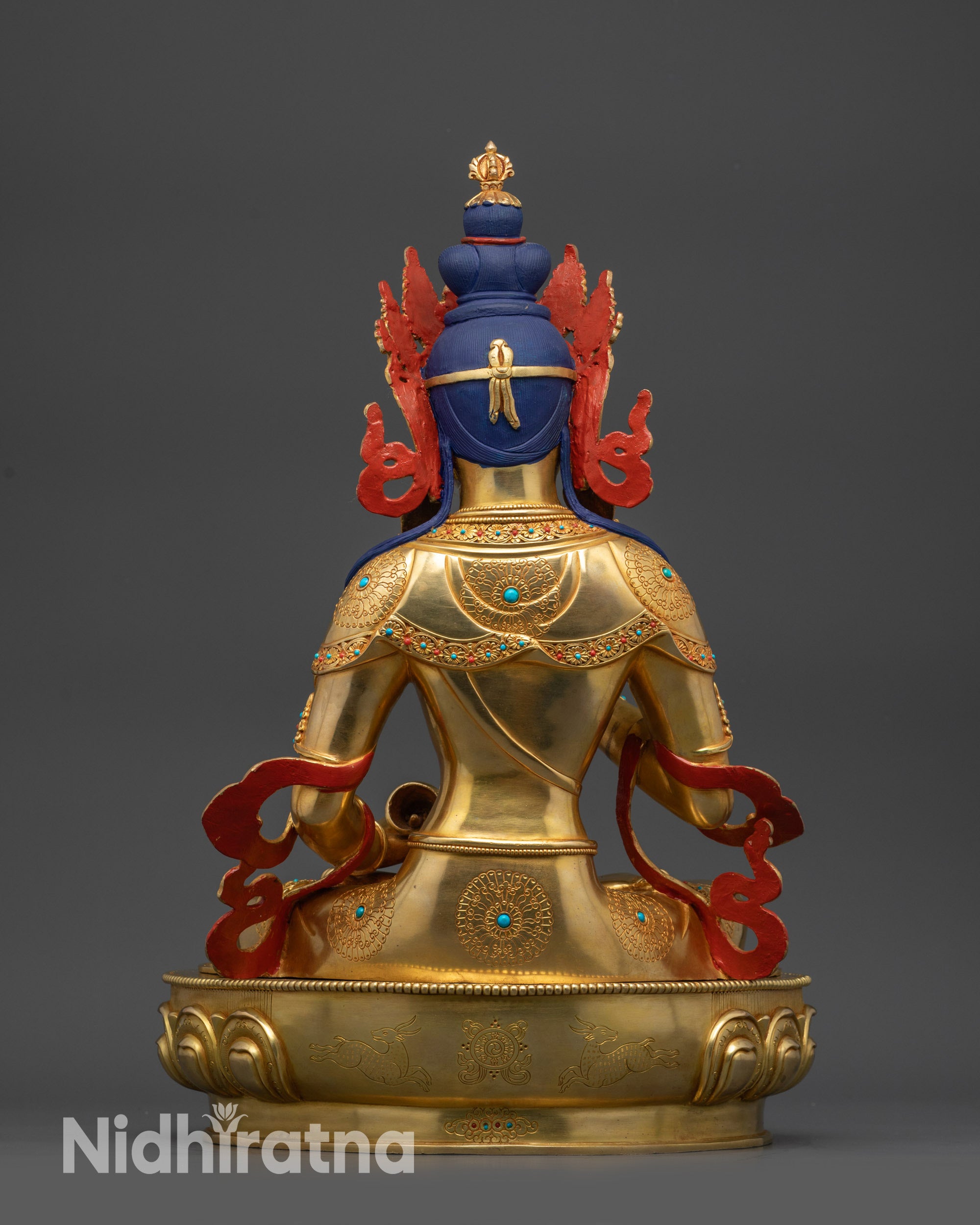 Back view Vajrasattva Statue showing lotus seat carvings and semi-precious stone details