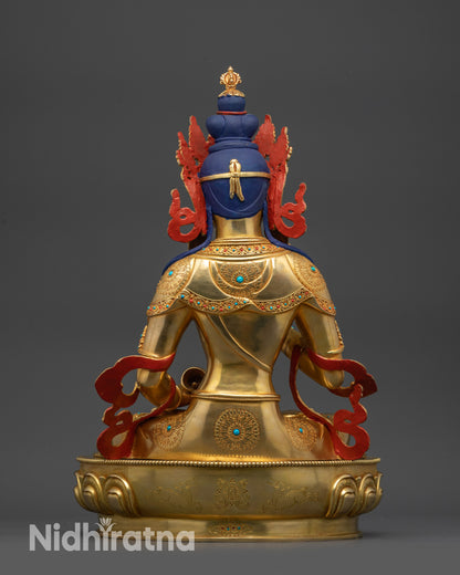 Back view Vajrasattva Statue showing lotus seat carvings and semi-precious stone details