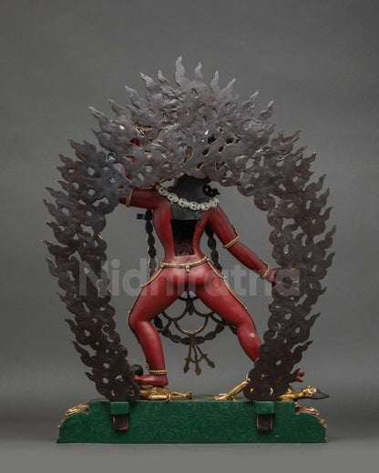 Back view Vajrayogini Himalayan statue with radiant halo and traditional Nepalese craftsmanship