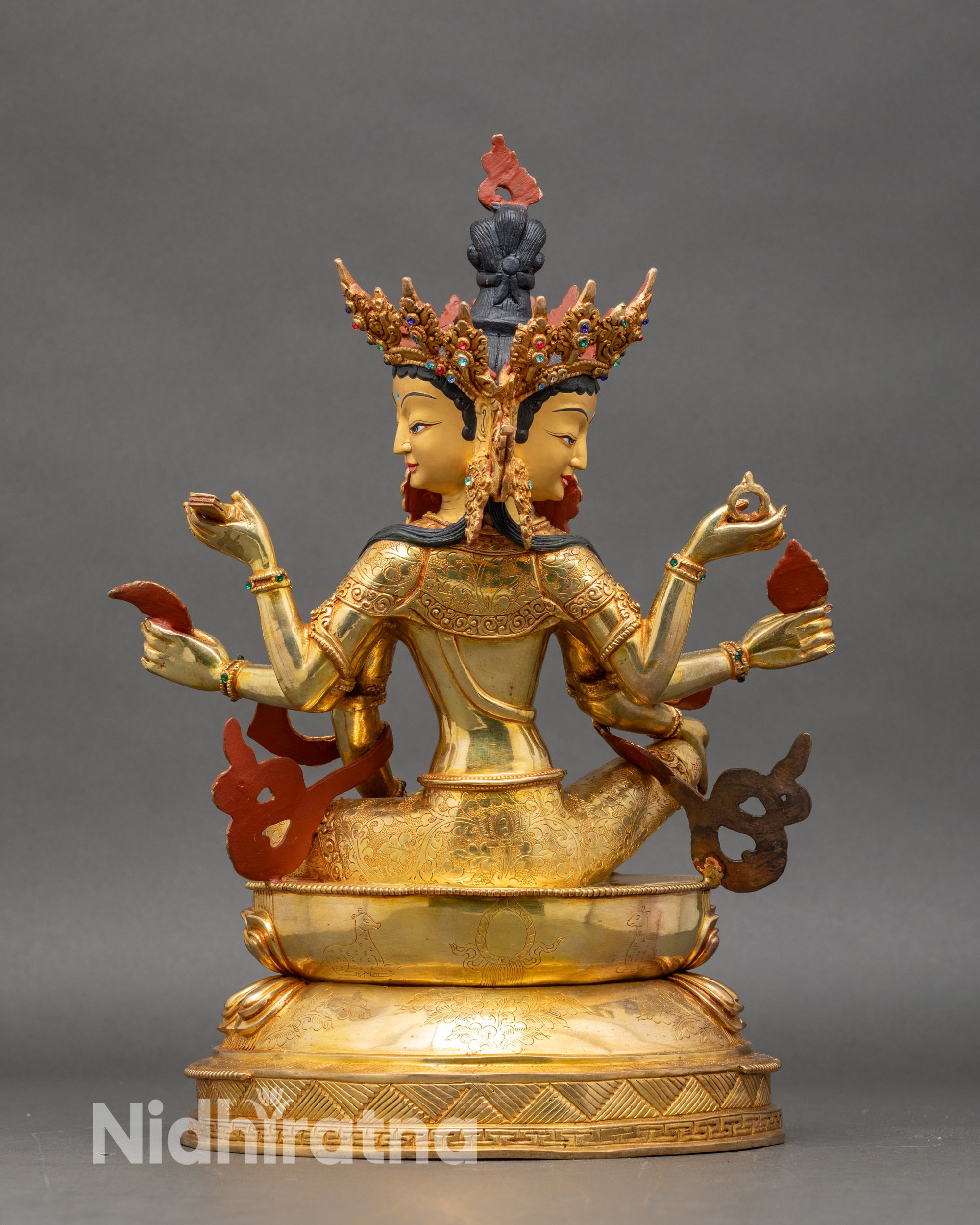 Back view Vasudhara Buddha statue intricate robes semi-precious stones copper 24K gold handcrafted Nepal