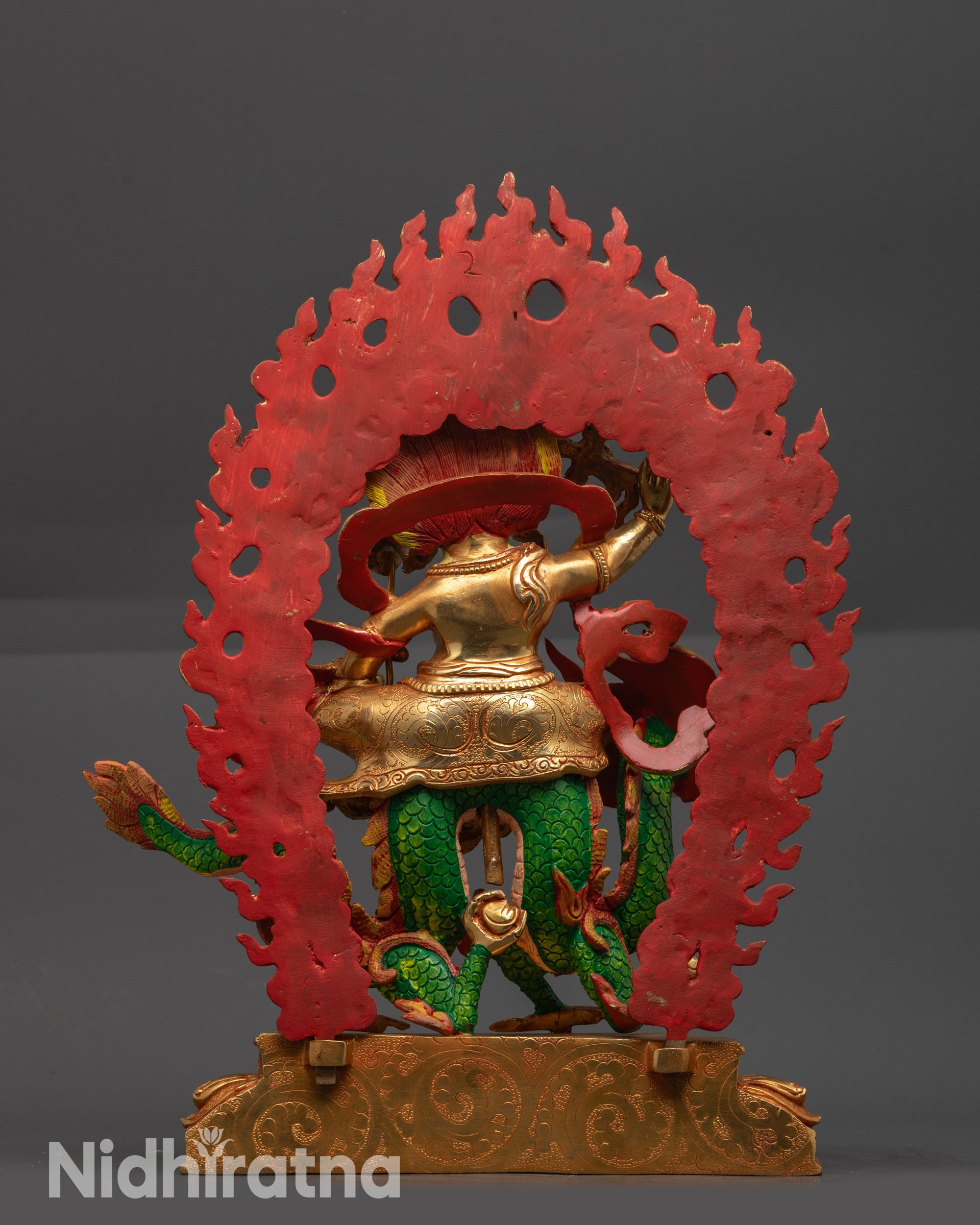 Back view White Dzambhala halo with intricate carved patterns and painted dragon