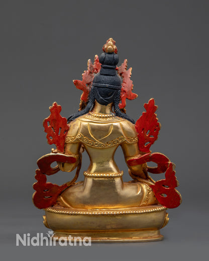 Back view White Tara Buddhist figurine gold fire-gilded copper craftsmanship visible