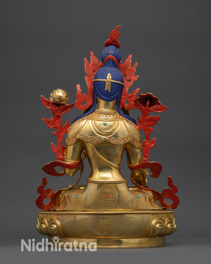 Back view White Tara Sculpture displaying carved patterns on lotus seat and jewelry