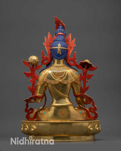 Back view White Tara Statue highlighting carved jewelry and patterned lotus base