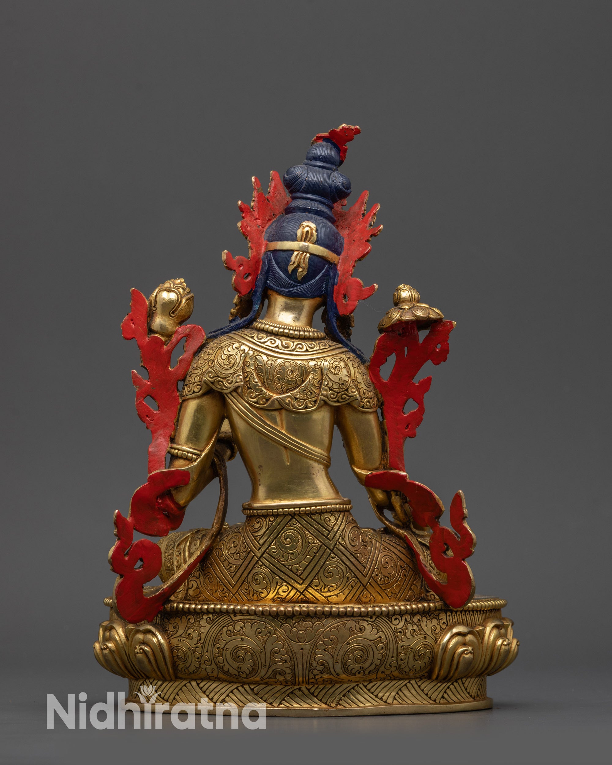 Back view White Tara lotus seat jewelry with intricate carvings and flowing robe