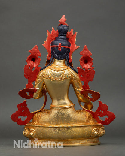 Back view White Tara pure gold statue intricate details Himalayan Buddhist sacred art