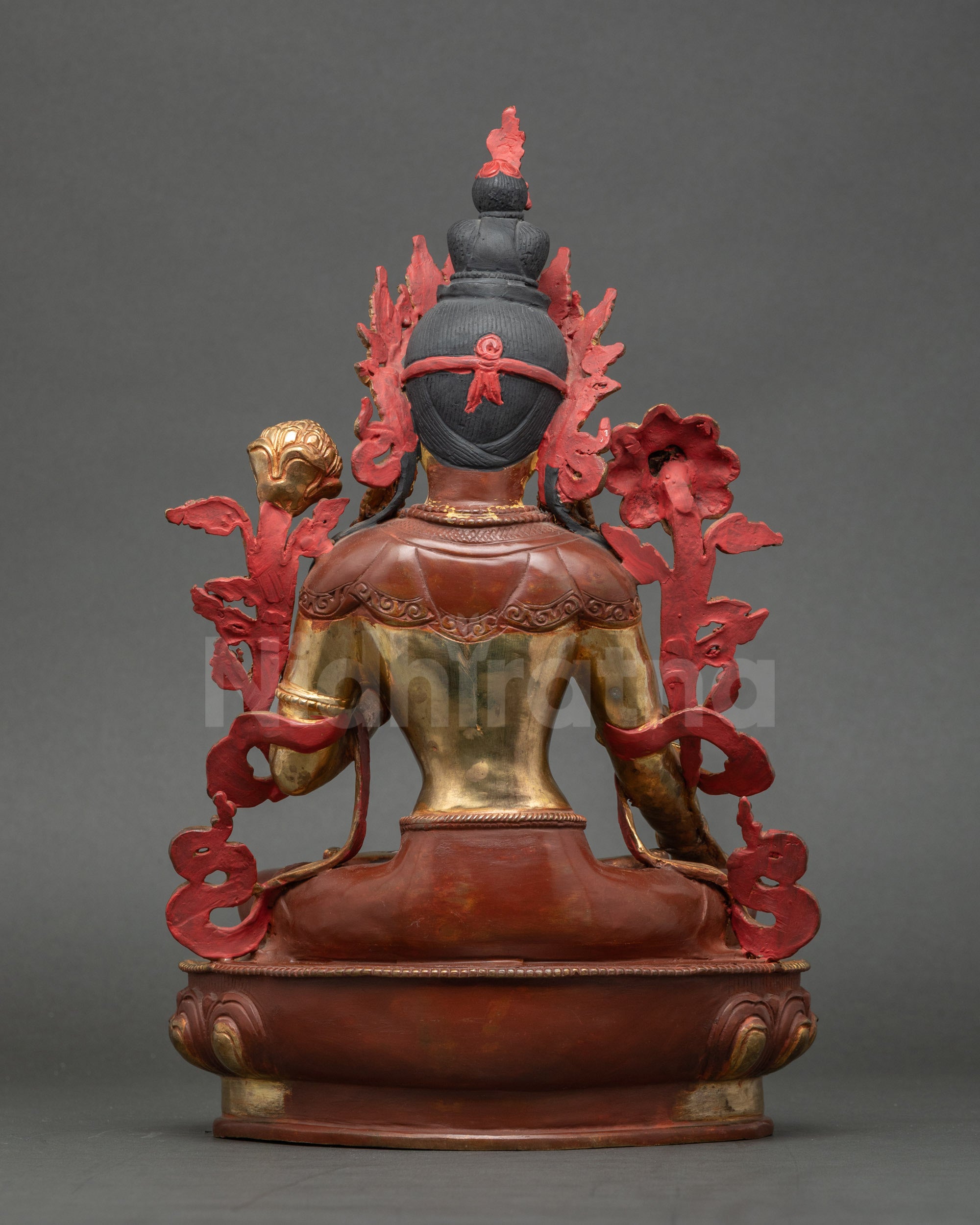 Back view White Tara sculpture, handcrafted Nepalese copper, detailed robes and lotus base, spiritual décor