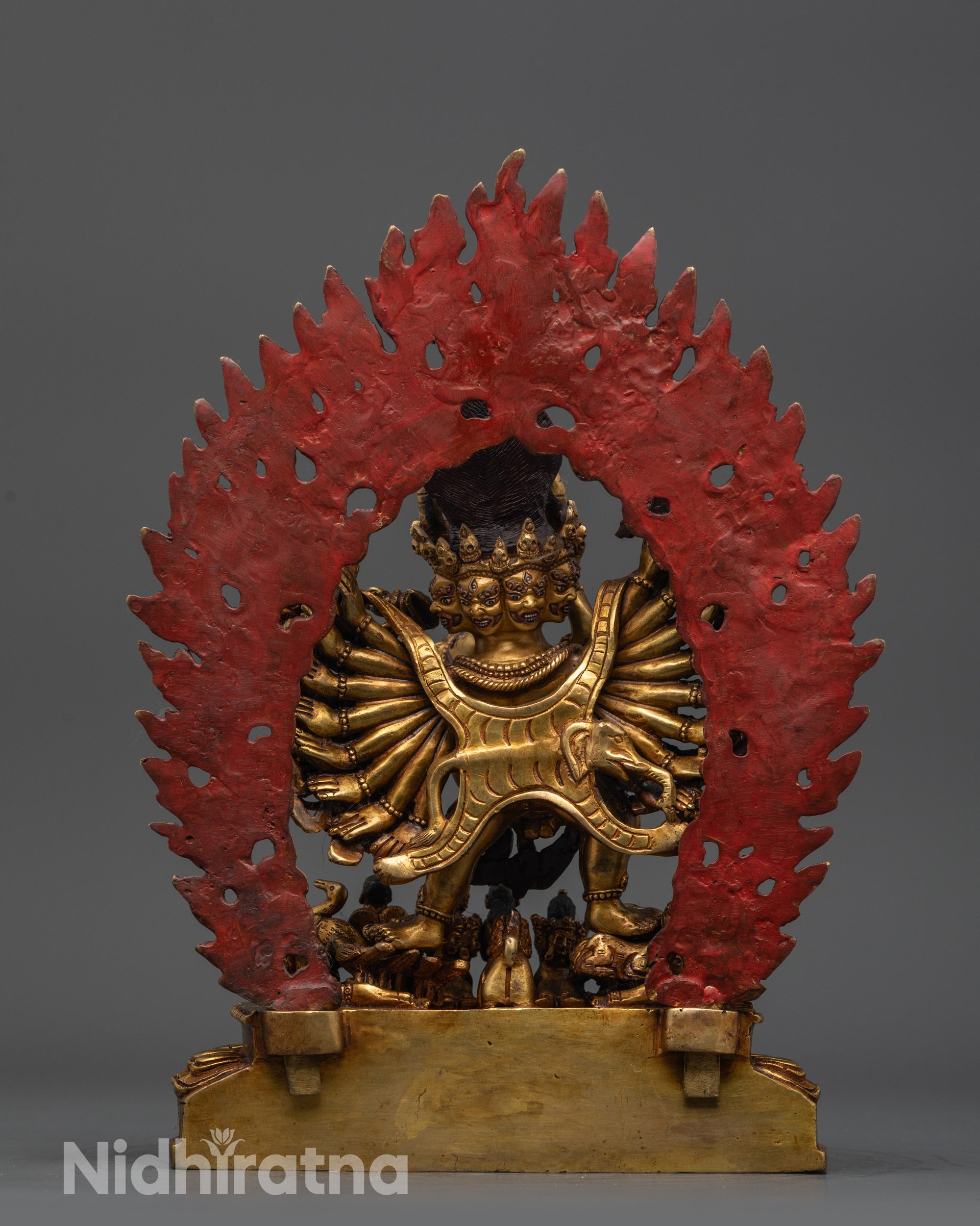 Back view Yamantaka Statue featuring intricate patterns and miniature deities near foot