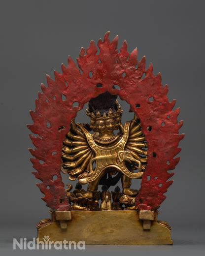 Back view Yamantaka Statue featuring intricate patterns and miniature deities near foot