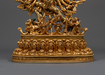 Back view Yamantaka statue showing detailed carving and miniature figure on lotus seat