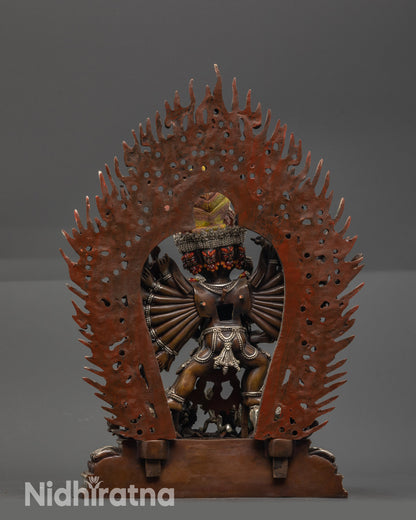 Back view Yamantaka with Vajravetali Statue, intricate carved deities and flowing ornaments