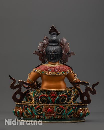 Back view Yellow Dzambhala Statue with lotus seat and colored lower garments