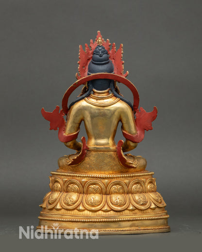 Back view artisan-crafted Amitayus Bodhisattva gold-gilded Himalayan Buddhist decor