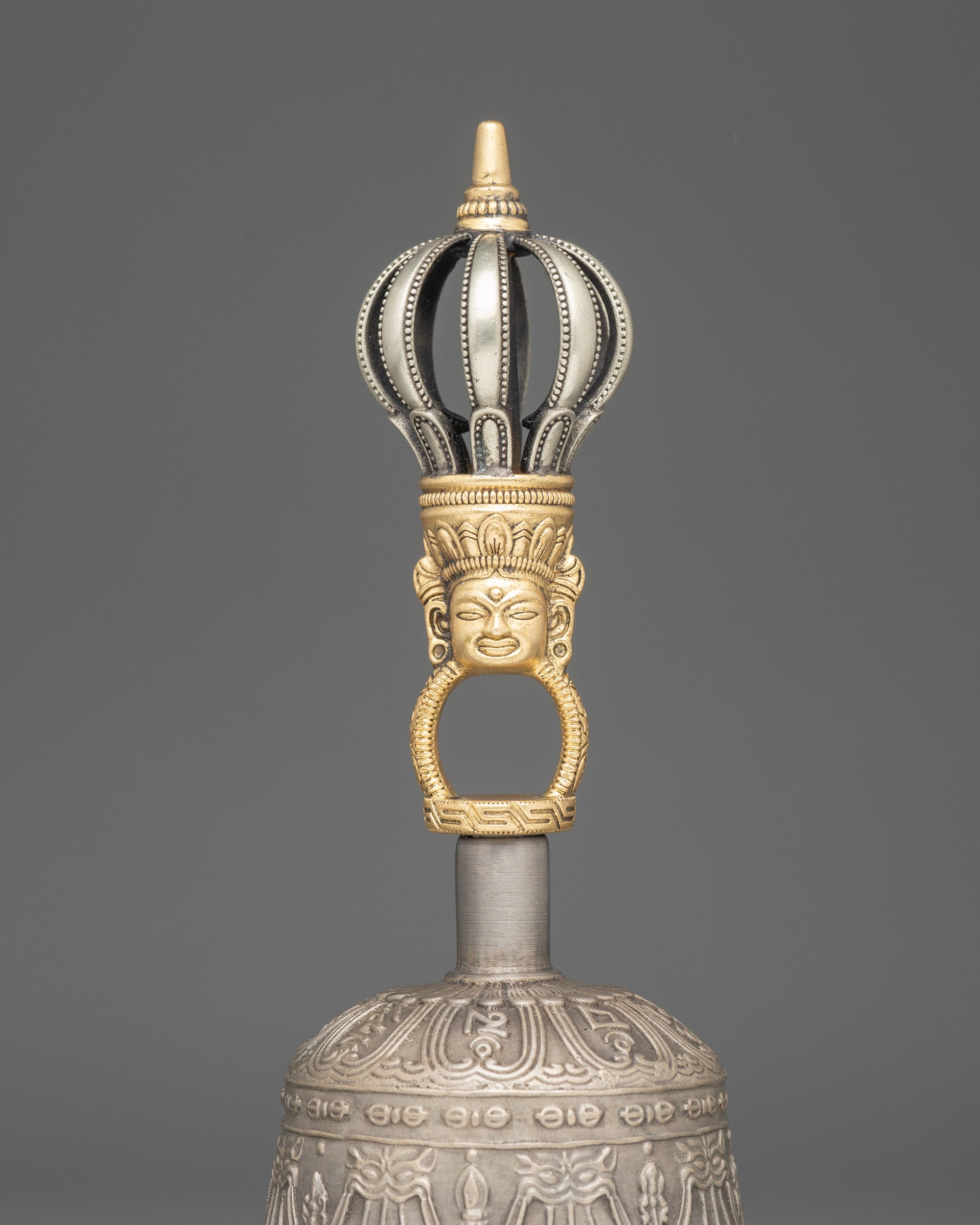 Back view bronze bell and copper Vajra set for altar and puja rituals