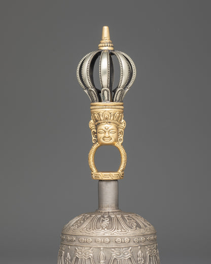 Back view bronze bell and copper Vajra set for altar and puja rituals