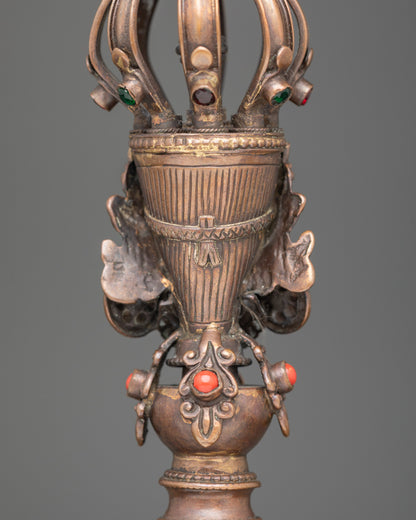 Back view bronze bell and oxidized copper Vajra, sacred Himalayan tools for puja and altars