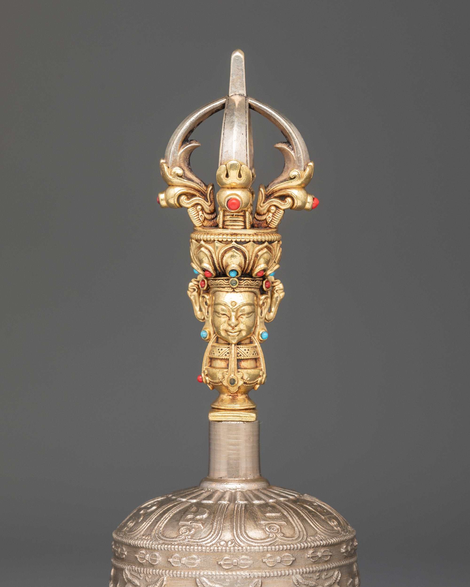 Back view bronze bell and vajra set for sacred ritual offerings