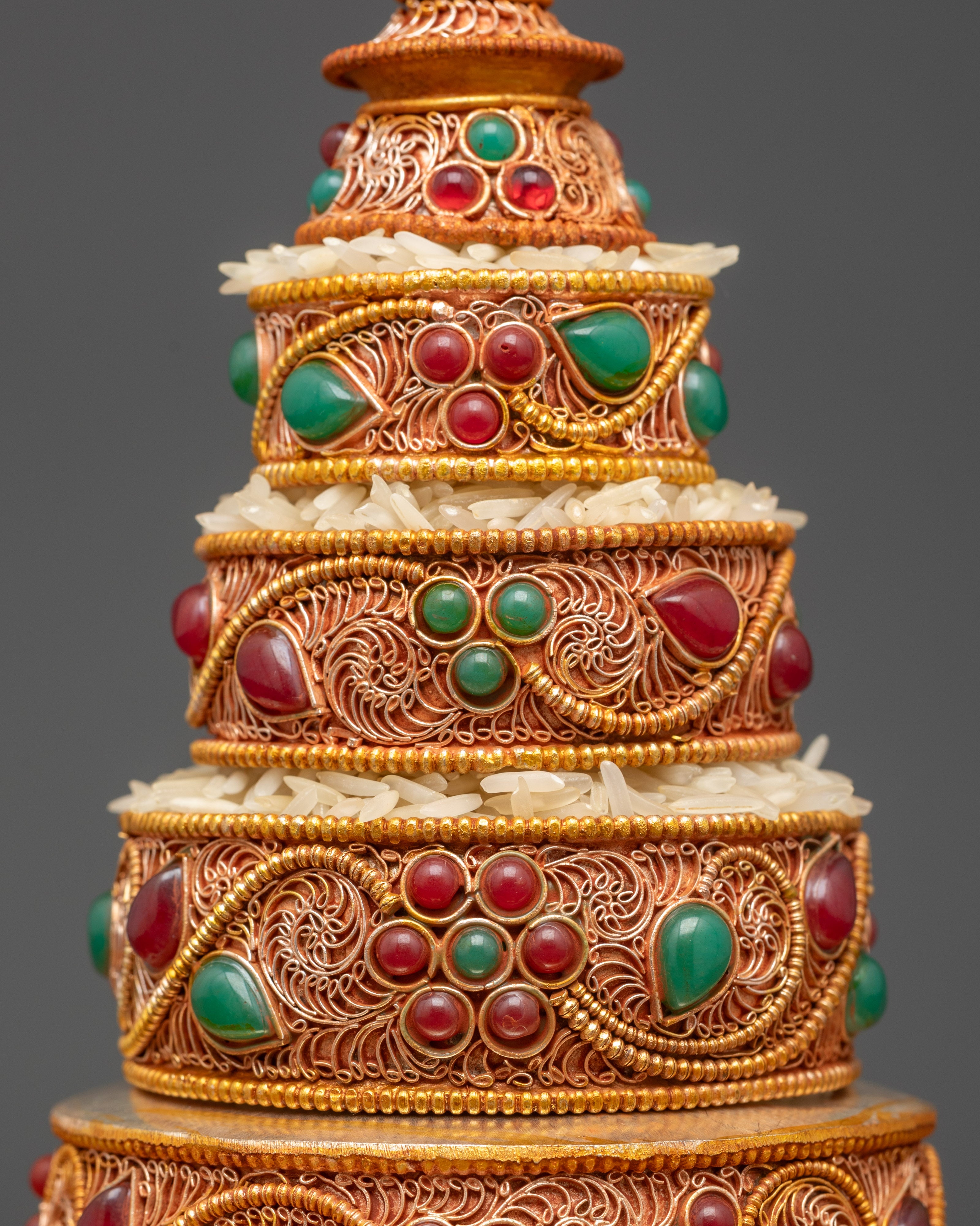 Back view copper Mandala Offering Set showing filigree patterns and tiers