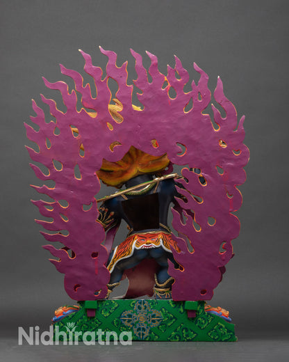 Back view copper Vajrapani statue with flame halo and carved lotus base