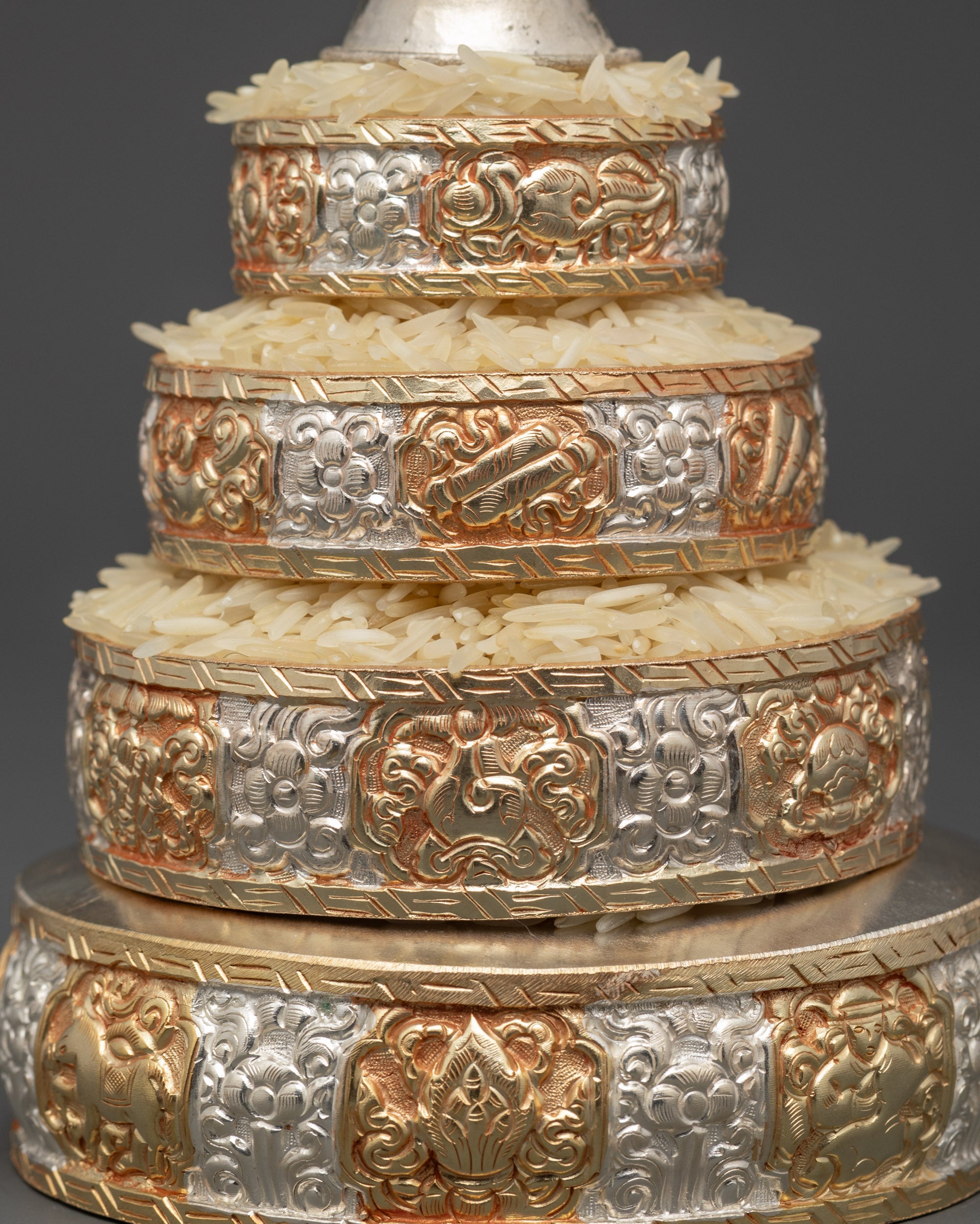 Back view detailed Ratna Mandala Offering Set, symbolizing cosmic harmony, merit, and positive energy in sacred spaces