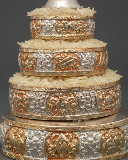 Back view detailed Ratna Mandala Offering Set, symbolizing cosmic harmony, merit, and positive energy in sacred spaces