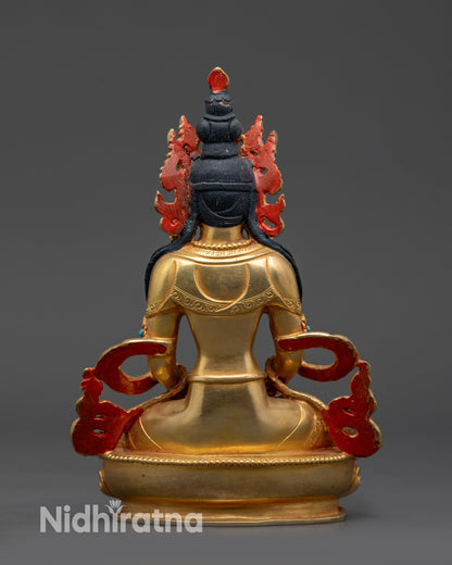 Back view gold fire-gilded Amitayus statue in copper alloy with refined Himalayan craftsmanship