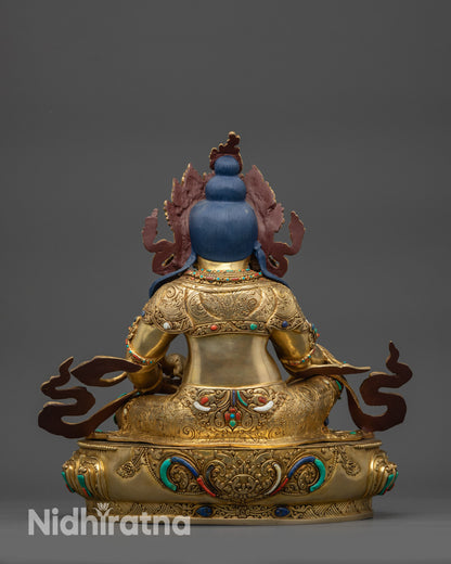 Back view handcrafted Dzambhala statue with detailed carvings and polished finish