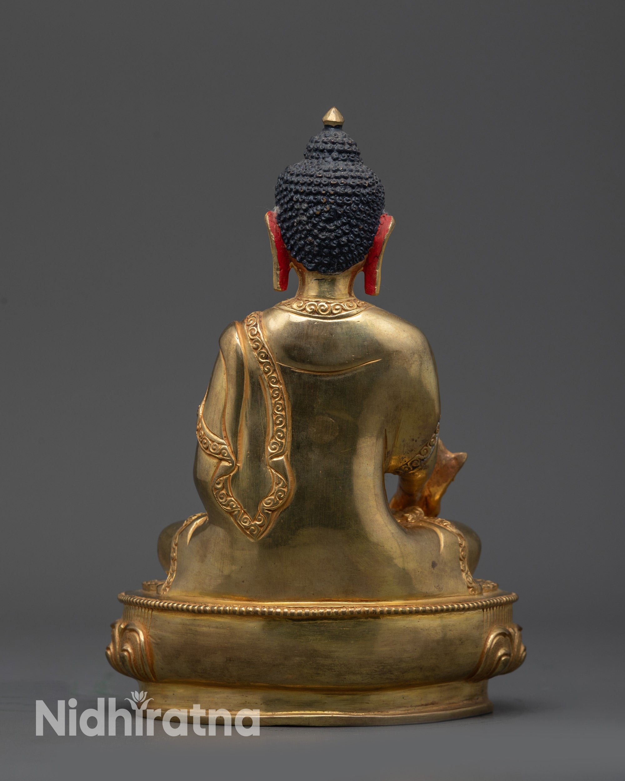 Back view handcrafted Nepalese Medicine Buddha figurine with Gold Fire-Gilding accents