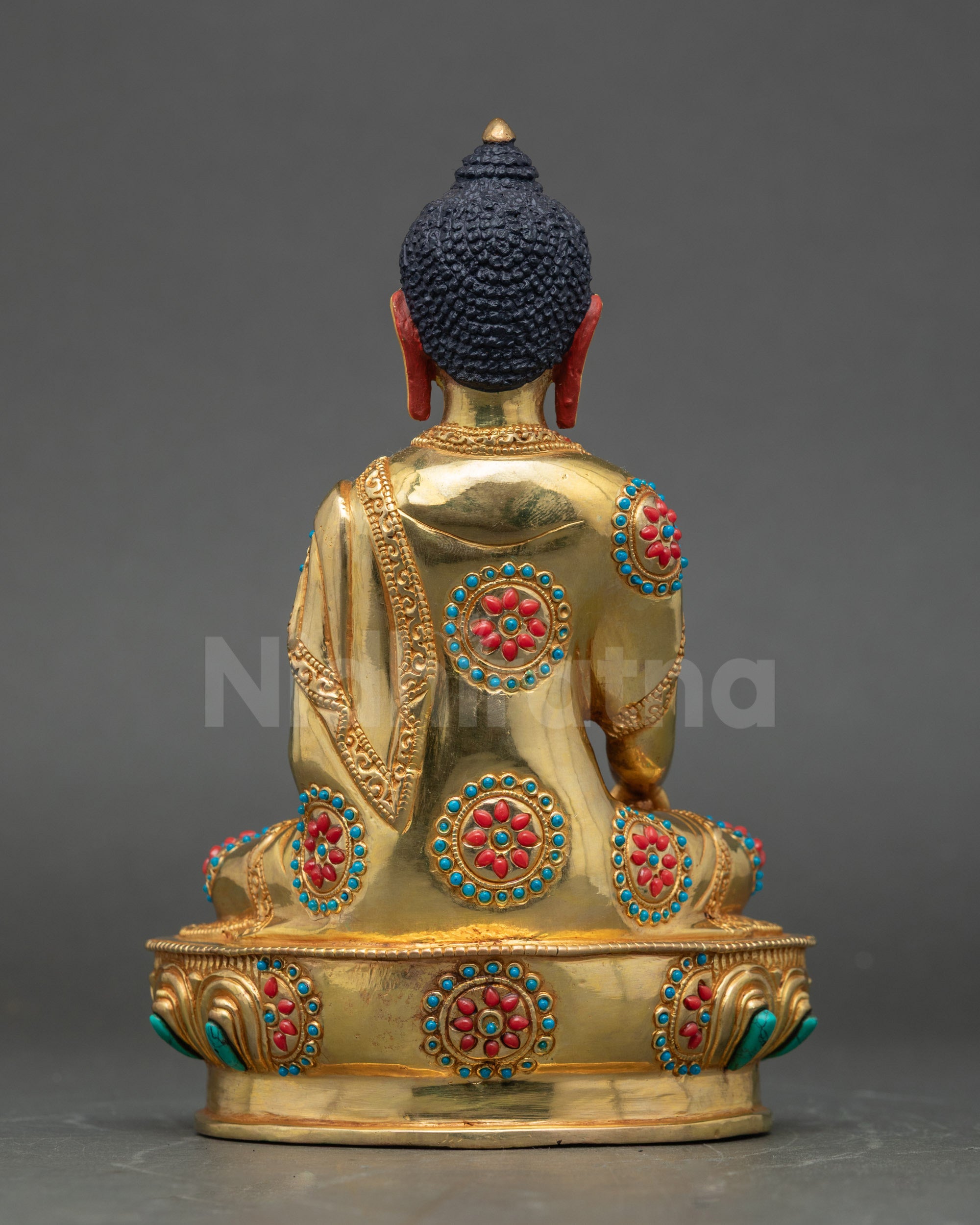 Back view handcrafted Shakyamuni Buddha, gold fire-gilded copper details