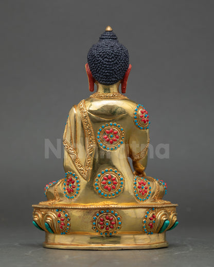 Back view handcrafted Shakyamuni Buddha, gold fire-gilded copper details
