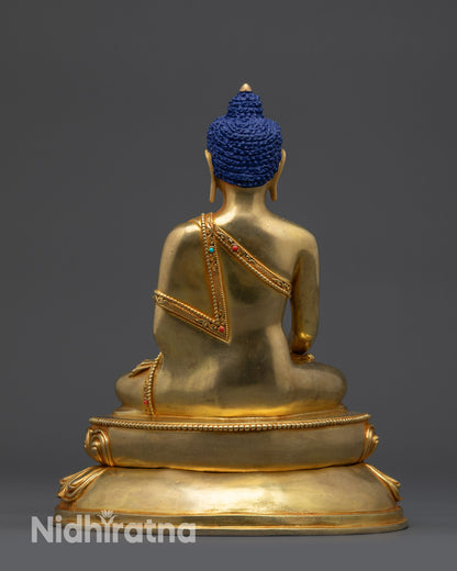 Back view handcrafted Shakyamuni Buddha statue showing intricate lotus seat design