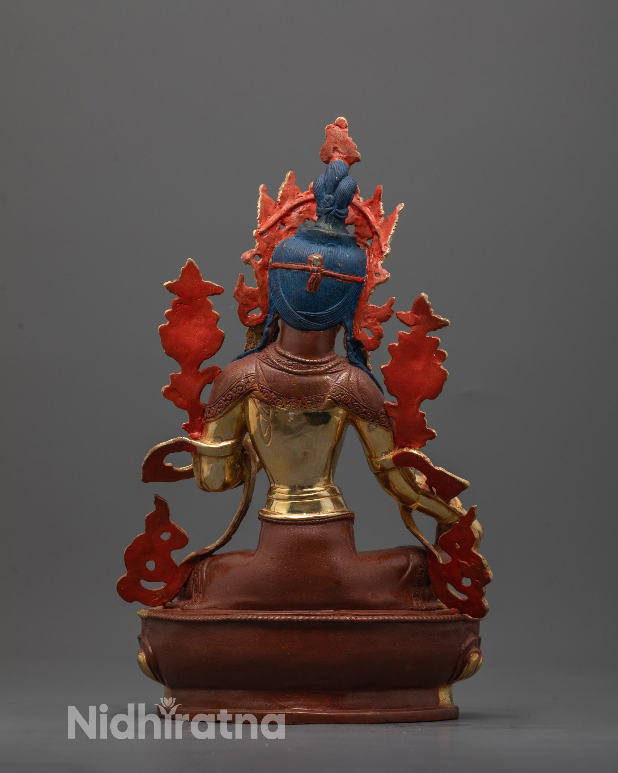 Back view highlighting the detailed throne and craftsmanship of Green Tara Sculpture