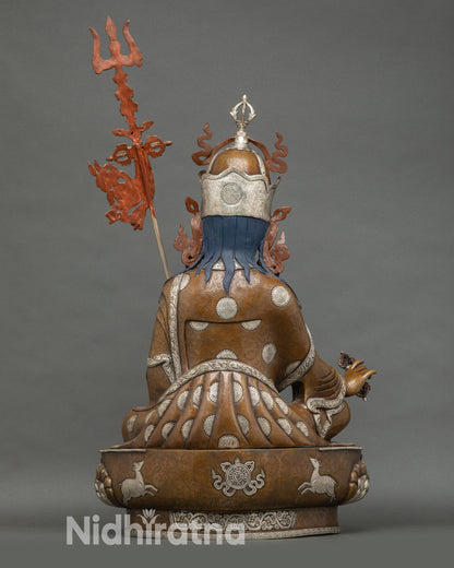 Back view life-size Guru Rinpoche statue, oxidized copper craftsmanship, Newari Buddhist art